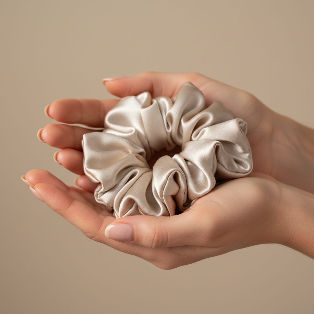 Сребристо-бежово копринено скрънче в дланите