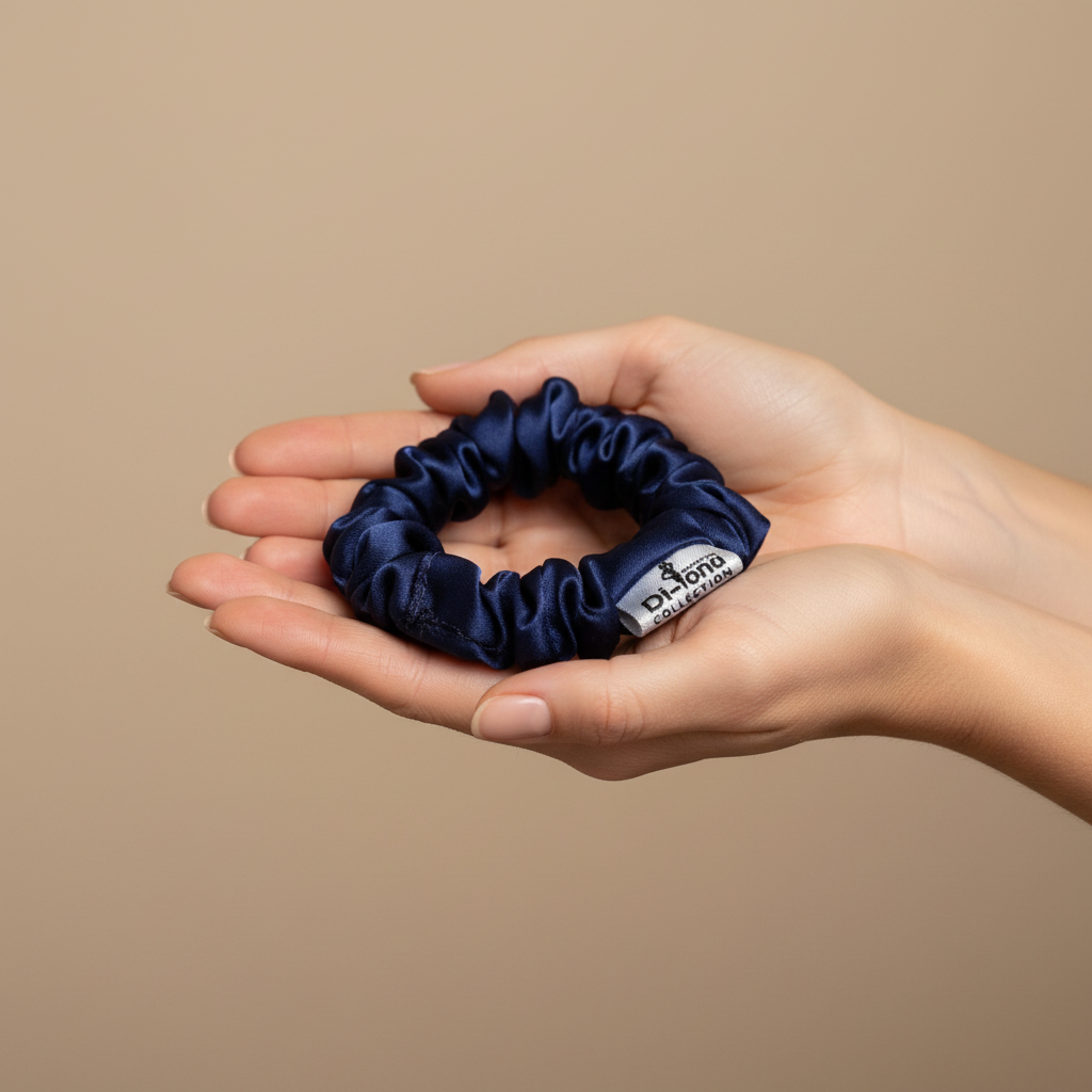 Тъмно синьо копринено скрънче в дланите