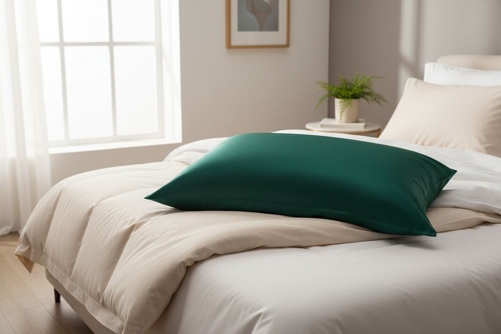 Тъмно зелена копринена калъфка на легло