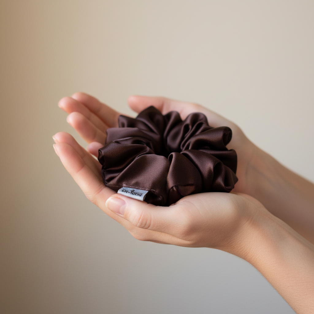 Тъмно кафяво копринено скрънче в дланите