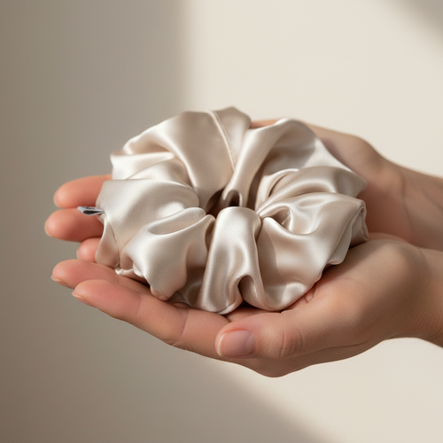 Сребристо-бежово скрънче в дланите - по-голям размер