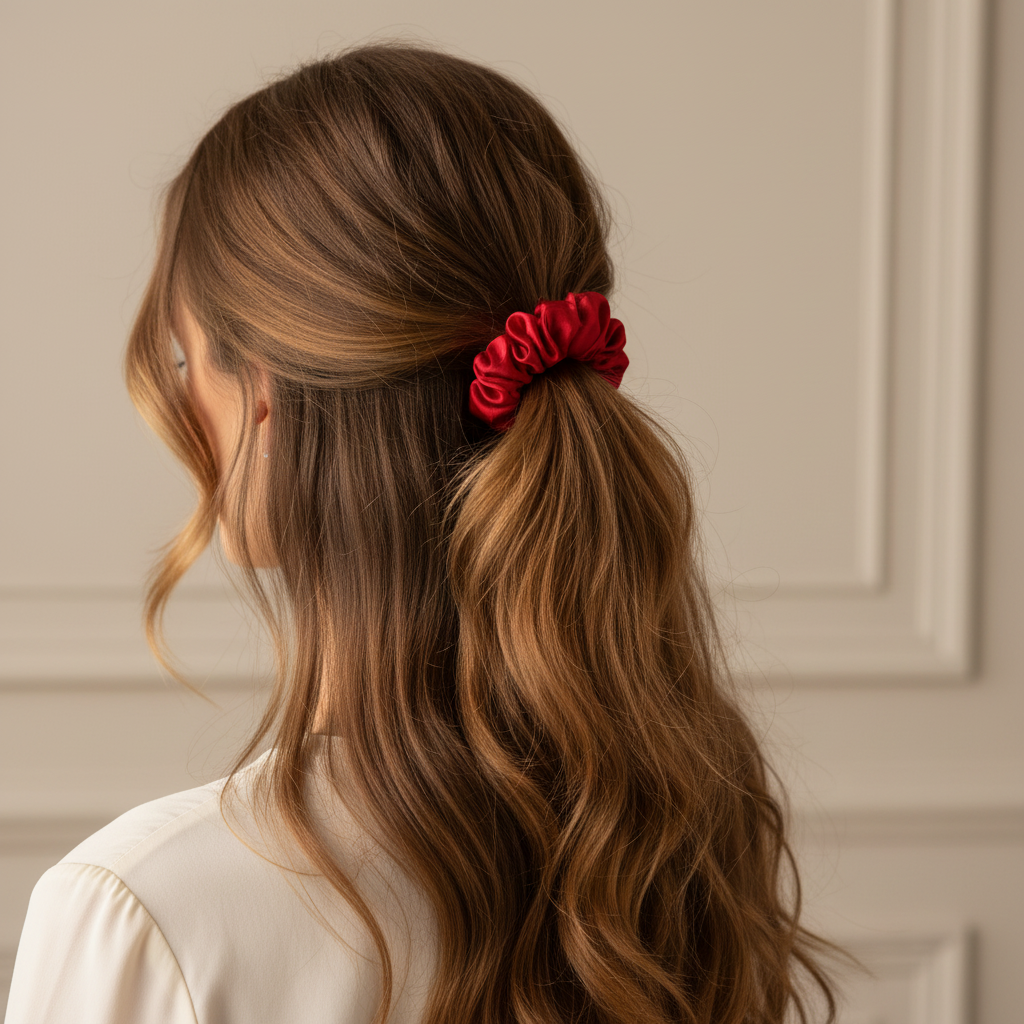 Червено копринено скрънче в косата - по-малък размер