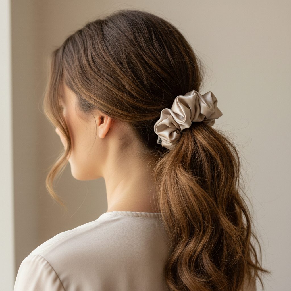 Сребристо-бежово скрънче в косата - много по-голям размер