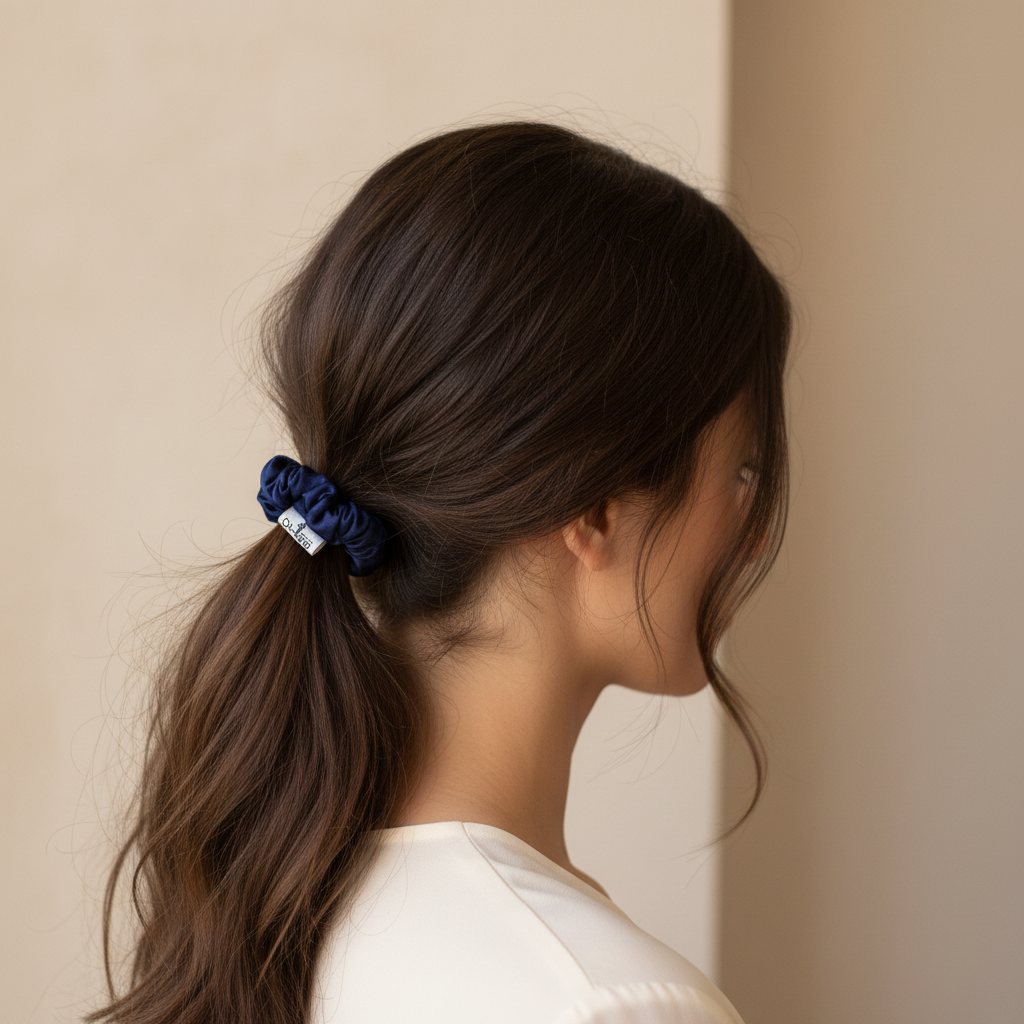 Тъмно синьо копринено скрънче в косата - много по-малък размер