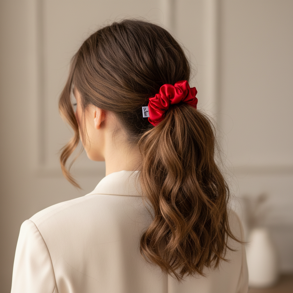 Червено копринено скрънче в косата