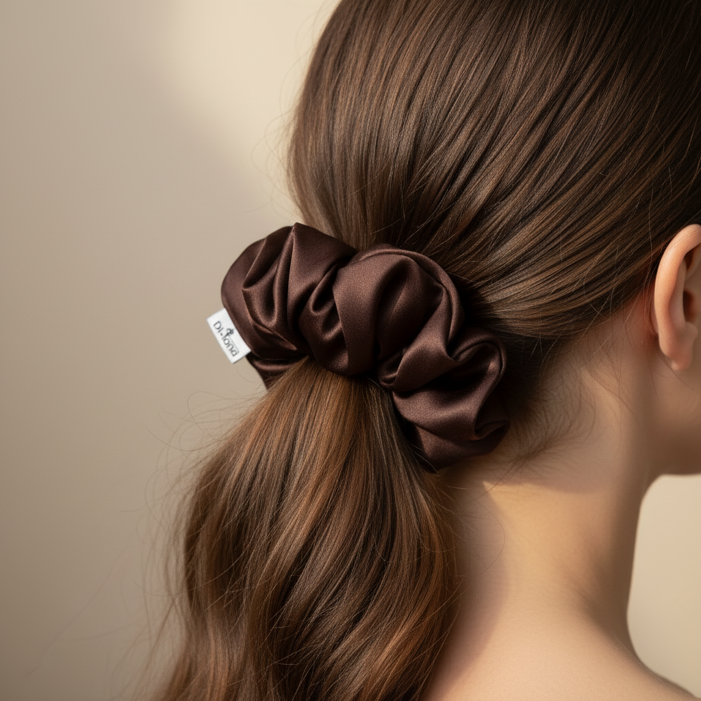 Кафяво копринено скрънче в косата - по-голям размер