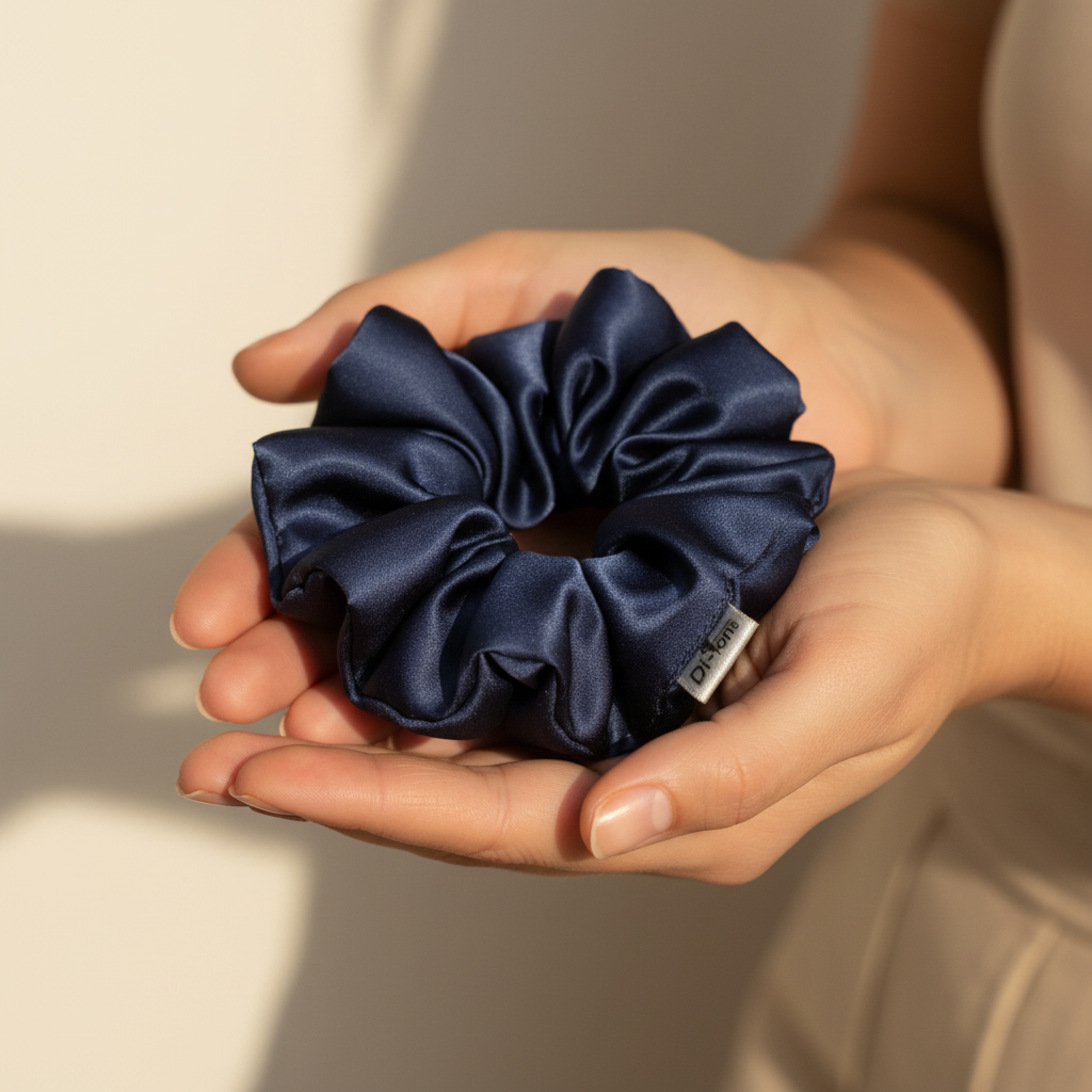 Тъмно синьо копринено скрънче в дланите