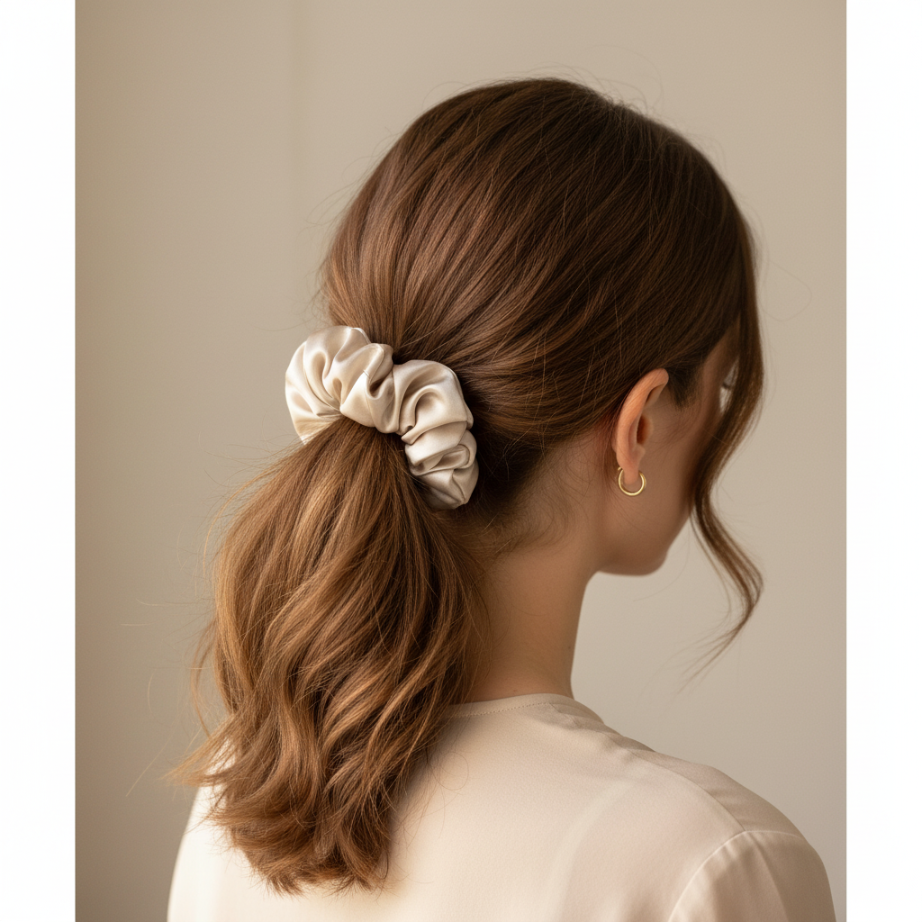 Сребристо-бежово копринено скрънче в косата