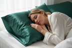 Жена спи на тъмно зелена копринена калъфка - без покривало