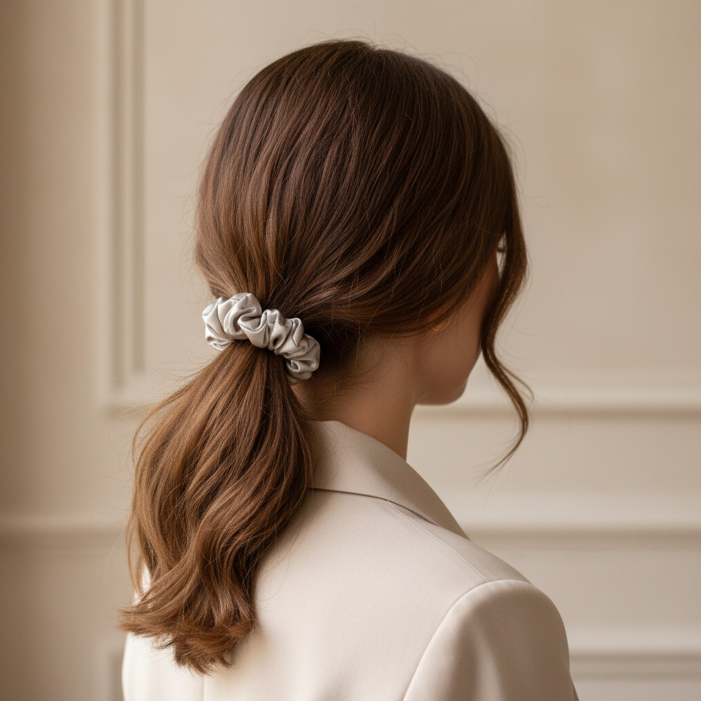 Сребристо копринено скрънче в косата - по-малък размер