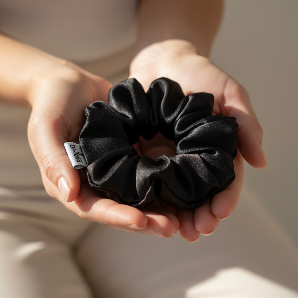 Черно копринено скрънче в дланите