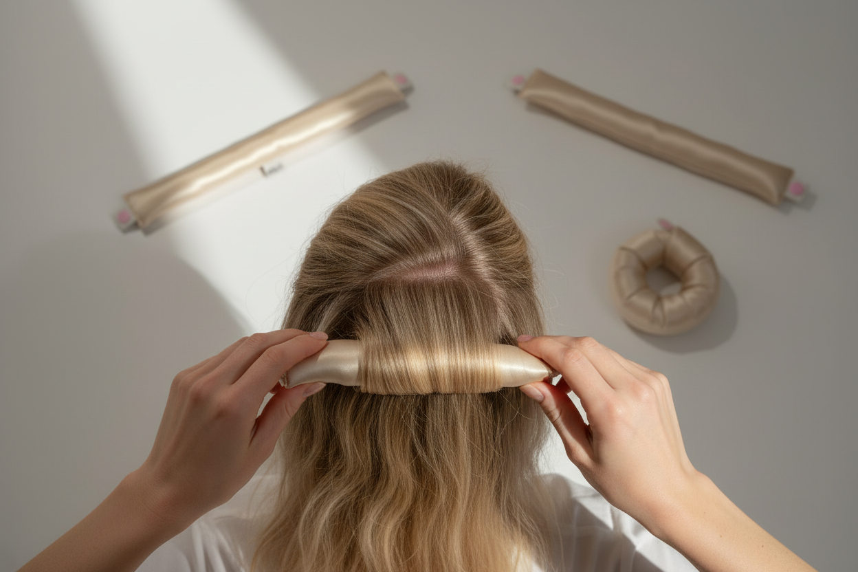 Поставяне на изправени копринени ролери в косата