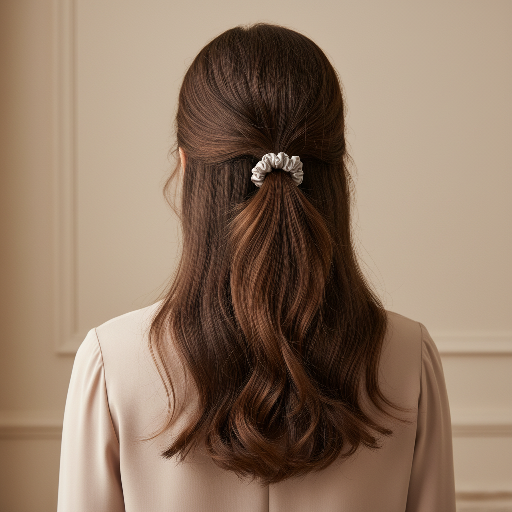 Сребристо копринено скрънче в косата - още по-малък размер