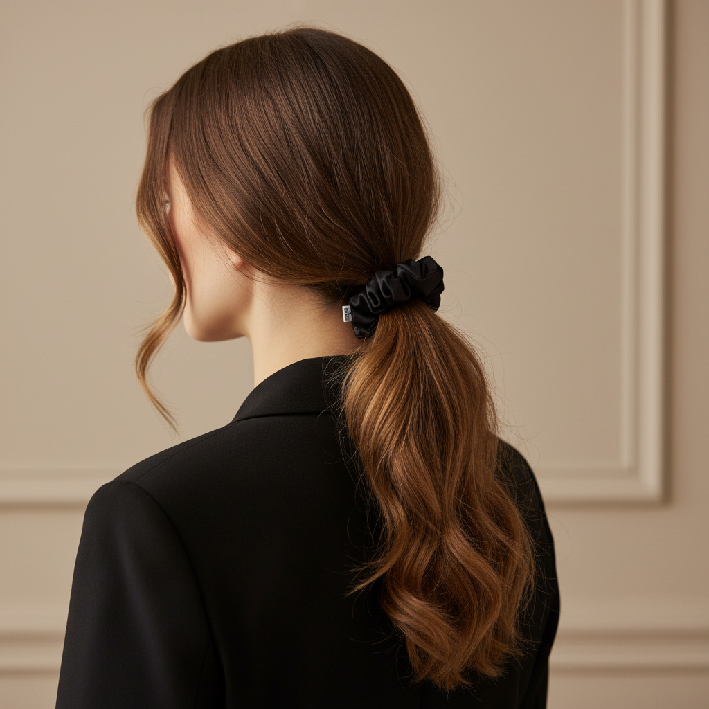 Черно копринено скрънче в косата - по-малък размер