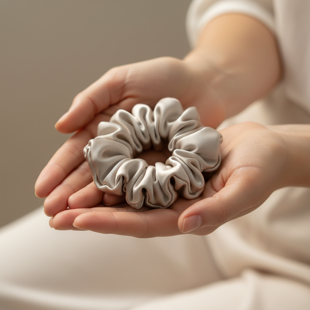 Сребристо копринено скрънче в дланите