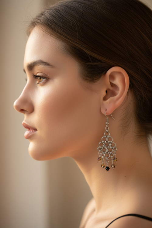 Близък план на обеци chainmail и Swarovski