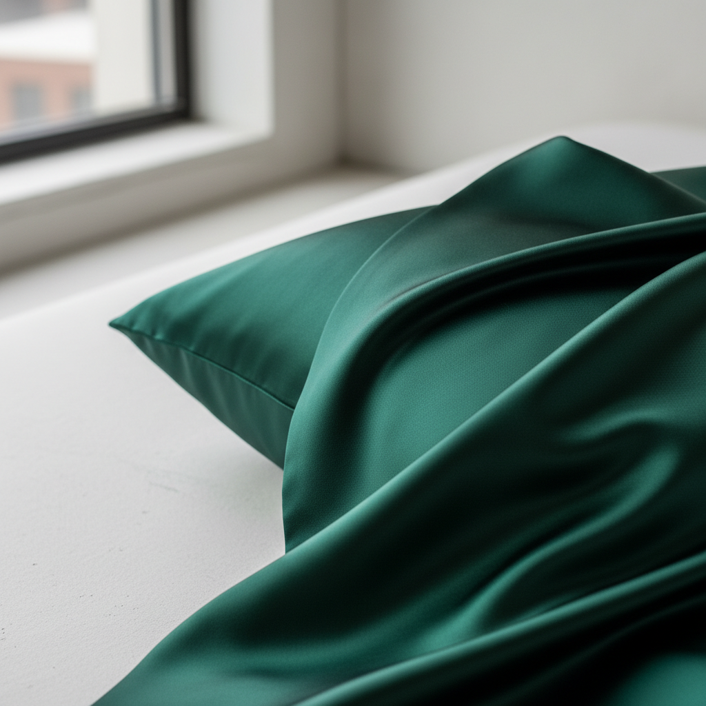 Close-up на тъмно зелена копринена калъфка