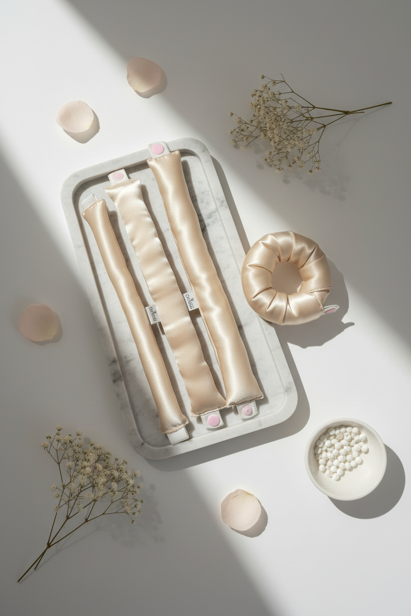 Flat lay с копринени ролери на поднос