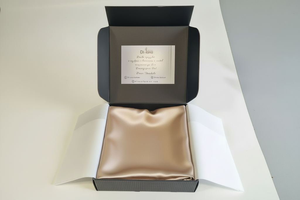 Luxury box with lighter beige silk pillowcase